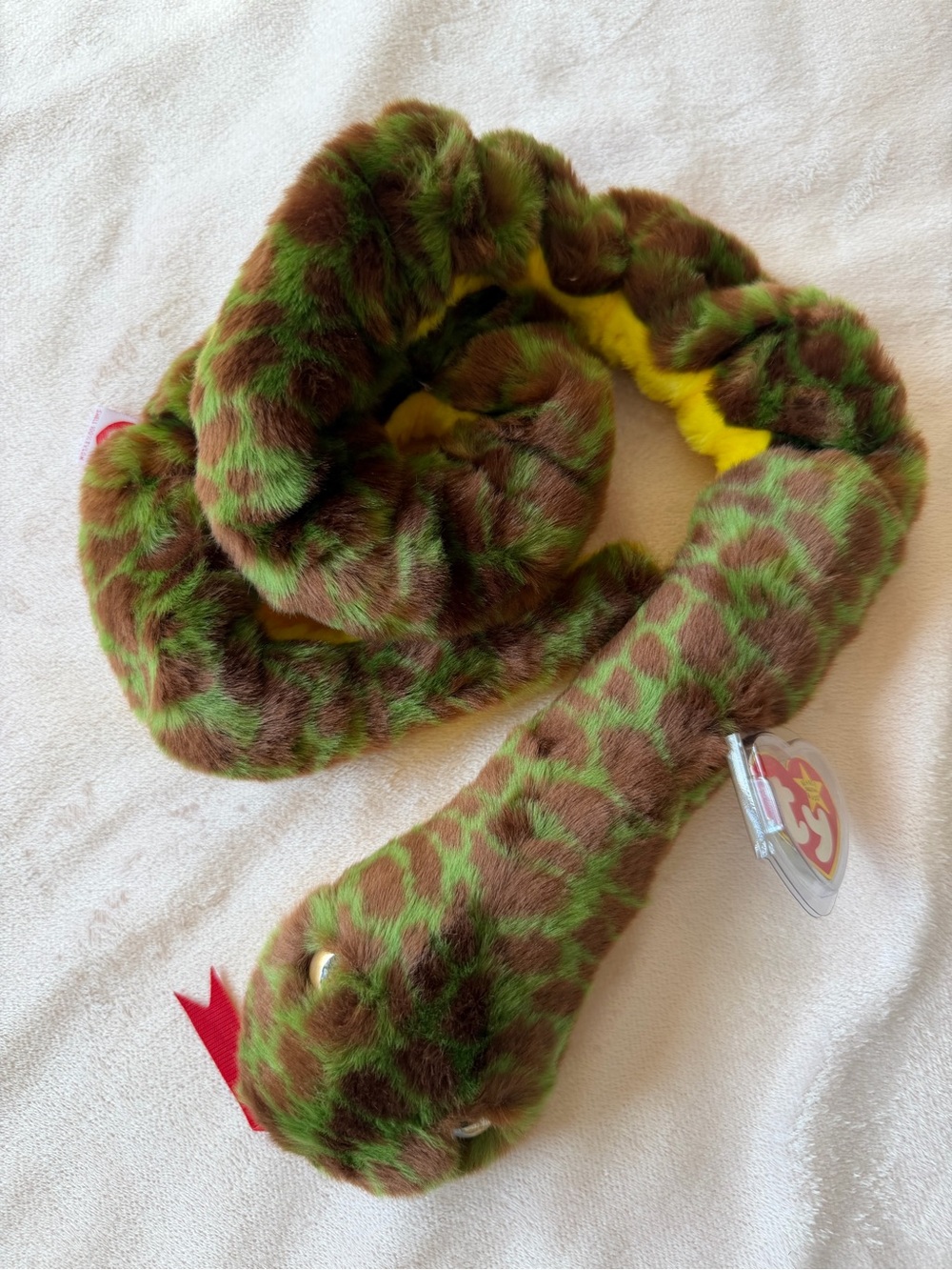 Ty Beanie Baby Plush Snake - Green & Brown Faux Fur-Slither